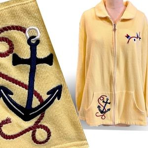 Vintage sunny yellow nautical boat knit sweater cardigan anchor yacht ship wheel